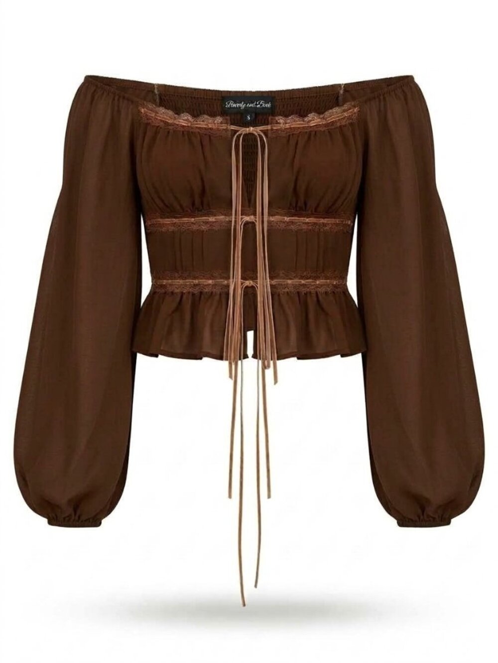Beverly and Beck by PacSun Brown Off-Shoulder Smocked Crop Top with Tie Detail